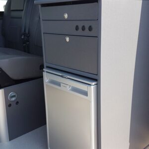 2018.07 VW Crafter MWB Conversion End of Side Kitchen Showing Fridge
