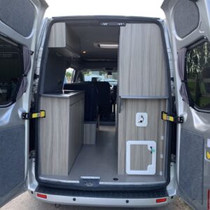 2019.04 Ford Custom Hightop LWB Conversion View of Inside Through Open Rear Doors