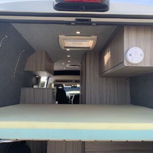 2019.07 Peugeot Boxer L4 Conversion View of Fixed Bed Through Open Rear Doors