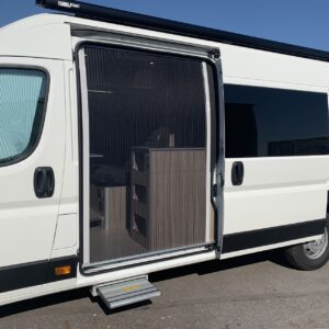 2019.07 Peugeot Boxer L4 Conversion Outside View with Sliding Door Open and Fly Screen Shut