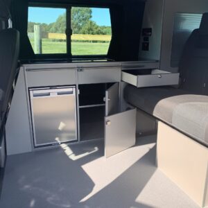 2019.08 VW T5 SWB 2 Berth Conversion Side Kitchen with Storage Cupboards Open