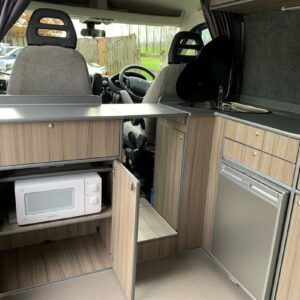 2019.11 Peugeot Boxer L2H2 Conversion View of Kitchen Area Behind Cab Seats