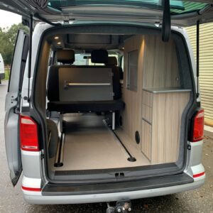 2019.11 VW T6 SWB Full Conversion Rear of Conversion Showing Smartbed Pushed Forward