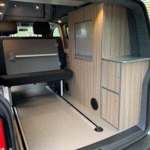 2019.11 VW T6 SWB Full Conversion Rear of Conversion Showing Smartbed Pushed Forward