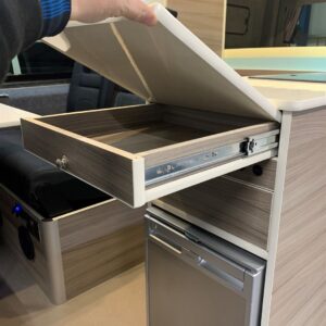 2019.12 Mercedes Sprinter MWB Conversion View of Storage in Extended Worktop