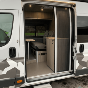 Peugeot Boxer L4H2 Full Conversion View of Outside Looking In With Fly Screen