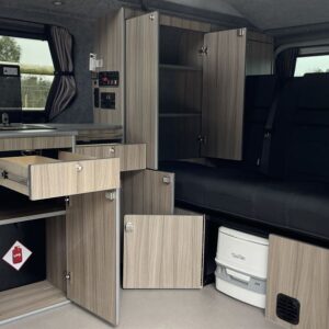 Ford Transit Custom LWB Full Conversion View of Inside With Cupboards Open