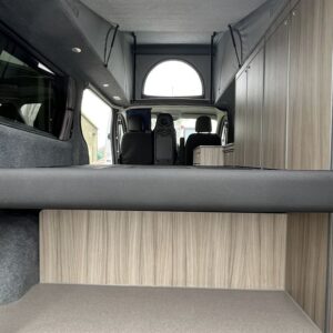 Ford Transit Custom LWB Full Conversion View of RIB Seat in Bed Position Through Back Doors