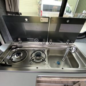 2021.02 Vivaro SWB Conversion View of Hob/Sink with Glass Lid Open