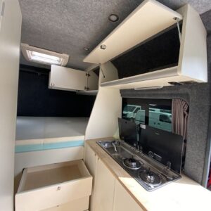 2020.10 Fiat Ducato L3H2 Conversion Inside View of Inside with Storage Cupboards Open