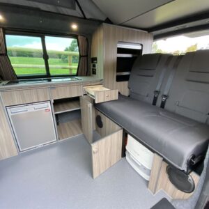 2020.10 VW T5 SWB Full Conversion Inside View with Storage Cupboards Open