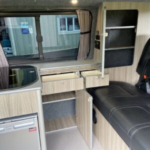 2020.10 VW T5 SWB Full Conversion Inside View with Storage Cupboards Open