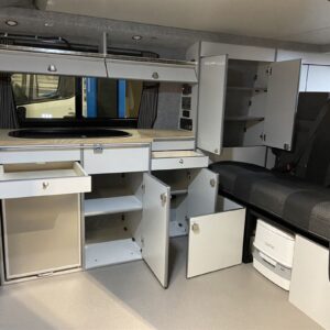 2020.12 VW T6 LWB Full Conversion Inside View with Storage Cupboards Open