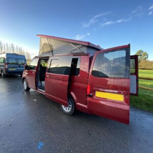 2020.12 VW T6 LWB Full Conversion Outside View with Doors and Elevated Roof Open