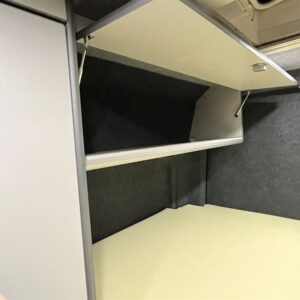 Mercedes Sprinter MWB 4 Berth Conversion View of Bed Area with Open Cupboard