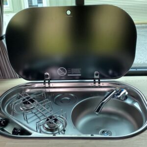 2021.05 VW T5 LWB Full Conversion Hob/Sink with Glass Lid Open
