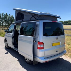 2021.05 VW T5 SWB Full Conversion Outside View of Rear of Van with Elevating Roof and Sliding Door Open