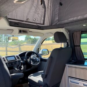 2021.05 VW T5 SWB Full Conversion front Cab Seating Area and Inside of Elevating Roof