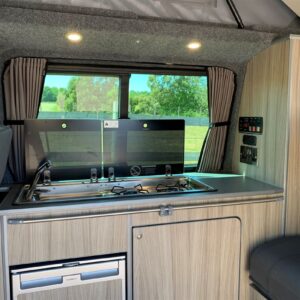 2021.05 VW T5 SWB Full Conversion Side Kitchen Area with Glass Lids Open