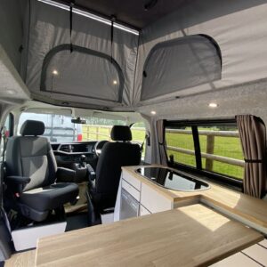 VW T6 LWB 4 Berth Full Conversion View of Inside of Elevating Roof Canvas
