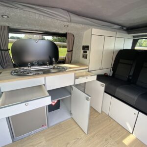VW T6 LWB 4 Berth Full Conversion Inside View with Storage Cupboards open