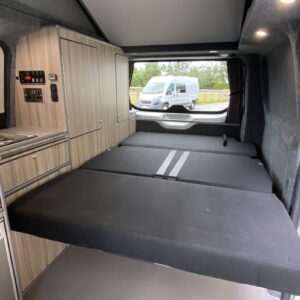 2021.08 Ford Transit Custom SWB Conversion Inside View with RIB in Bed Position