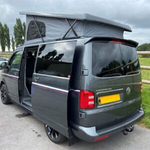 2021.09 VW T6 SWB Full Conversion Outside View of Rear of Van with Roof Elevated