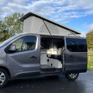 2021.02 Renault Trafic SWB Conversion View of Outside with Sliding Door and Elevating Roof Open