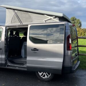 2021.02 Renault Trafic SWB Conversion View of Outside with Sliding Door and Elevating Roof Open