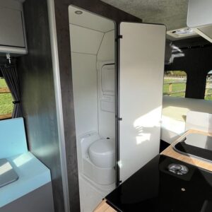 2022.01 Peugeot Boxer L3 Conversion View of Inside with Washroom Door Open