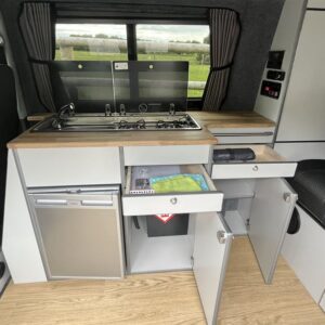 VW T6 LWB 4 Berth Conversion View of Inside With Cupboards Open
