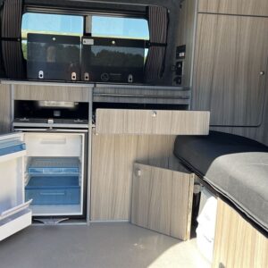 Ford Transit Custom SWB 4 Berth Conversion View of Kitchen Area With Cupboards Open