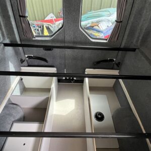 VW Crafter MWB Conversion Showing Storage and Rear Bed Bars