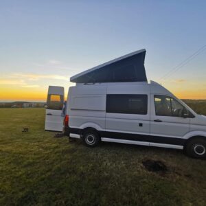 VW Crafter MWB Conversion Outside View with Sunset