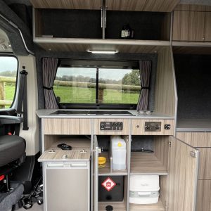 Citroen Relay L2H2 2 Berth Conversion Inside View with Cupboards Open in Kitchen Area