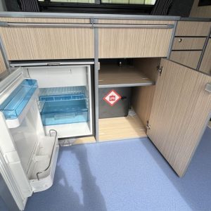 VW T5 LWB Conversion View of Kitchen Cupboard Open