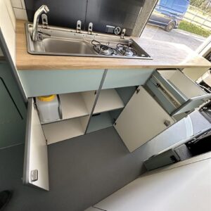 Citroen Relay L3H3 View of Kitchen area with Cupboards open