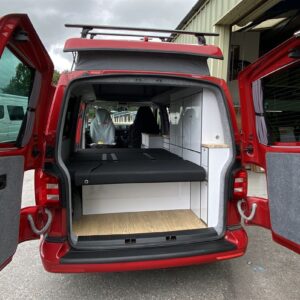 2020.07 VW T6 LWB Conversion View of Inside of Van Through Open Back Doors