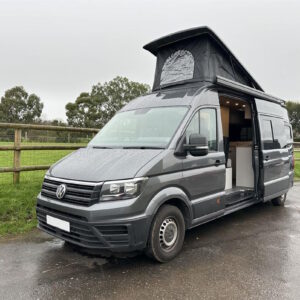 2024.02 New VW Crafter LWB Conversion Outside View with Roof Elevated