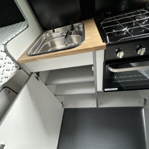 2024.02 New VW Crafter LWB Conversion Side Kitchen with Cupboards Open